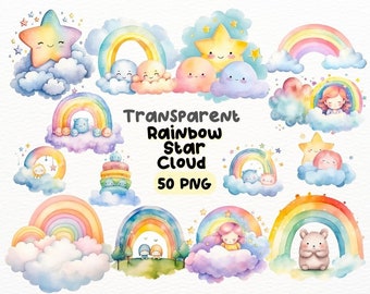 Pastel Watercolor Rainbow Star Cloud PNG Bundle, Digital Crafts Designs Transparent, Rainbows Clipart, Stars Clipart, Commercial Use