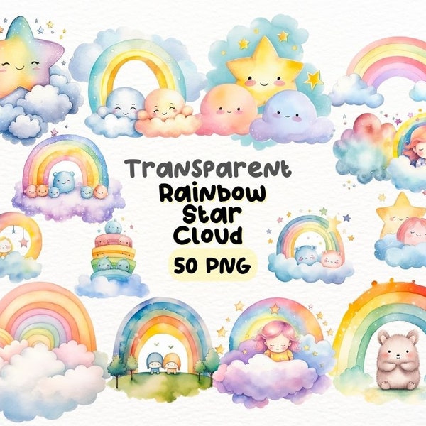 Pastel Watercolor Rainbow Star Cloud PNG Bundle, Digital Crafts Designs Transparent, Rainbows Clipart, Stars Clipart, Commercial Use