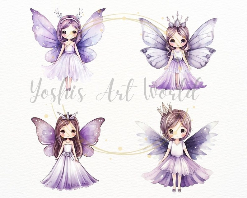 Watercolor Cute Purple Butterfly Fairy Princess PNG Bundle, Digital ...