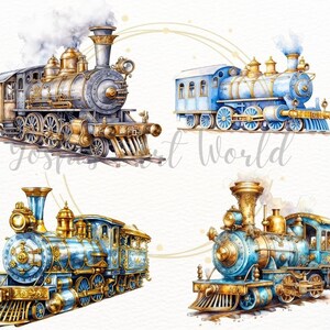 May include: Four vintage-style toy train engines with gold accents. The engines are blue and silver with black wheels. The engines are on a white background.