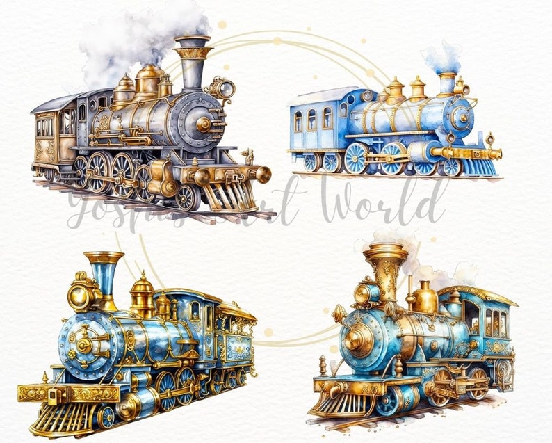 May include: Four vintage-style toy train engines with gold accents. The engines are blue and silver with black wheels. The engines are on a white background.
