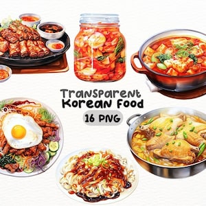 Watercolor Korean Food PNG Bundle, Digital Crafts Designs Transparent, Korean Cuisine, Kimchi Bibimbap Bulgogi Clipart Commercial Use