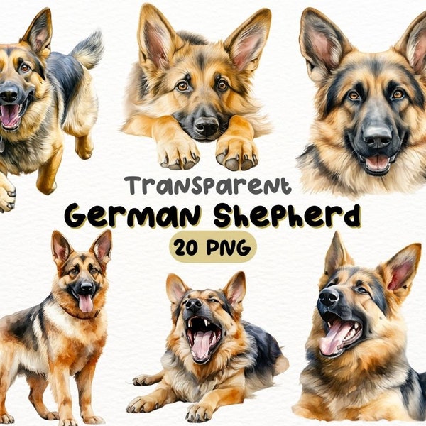 Watercolor German Shepherd PNG Bundle, Digital Crafts Designs Transparent, Dog Clipart, Cute German Shepherd Clipart, Commercial Use