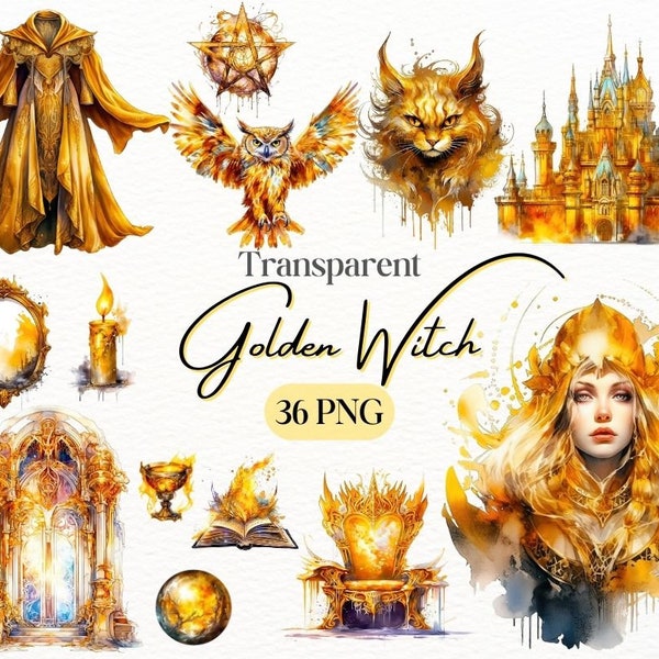 Watercolor Golden Witch PNG Bundle, Digital Crafts Designs Transparent, Witch Clipart, Golden Witch Clipart, Commercial Use