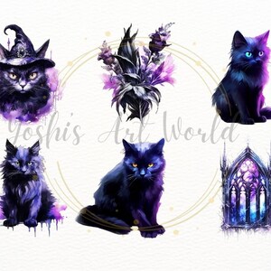 May include: A digital illustration set featuring five images of black cats with purple and blue watercolor accents. The set includes a cat wearing a witch's hat, a cat sitting with its paws crossed, a cat sitting with its head tilted, a cat sitting with its tail curled, and a gothic window with a starry sky.