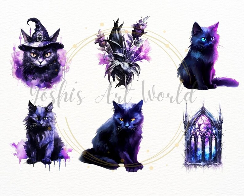 May include: A digital illustration set featuring five images of black cats with purple and blue watercolor accents. The set includes a cat wearing a witch's hat, a cat sitting with its paws crossed, a cat sitting with its head tilted, a cat sitting with its tail curled, and a gothic window with a starry sky.