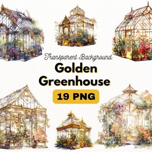 Pacote PNG de estufa dourada, designs de artesanato digital transparentes, clipart de estufa dourada, cachorro PNG, clipart de jardim, uso comercial