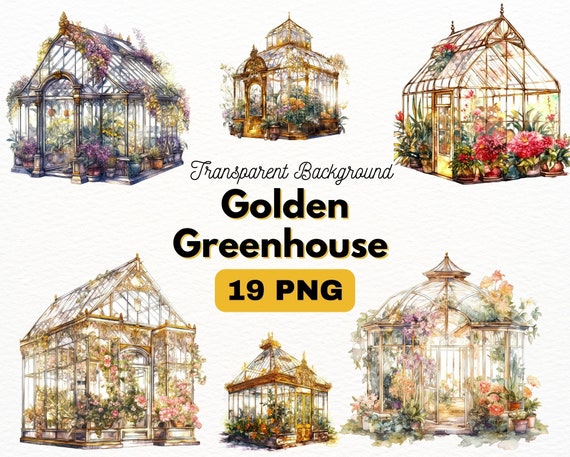Golden Greenhouse PNG Bundle, Digital Crafts Designs Transparent, Gold Greenhouse Clipart, Dog PNG, Garden Clipart, Commercial Use