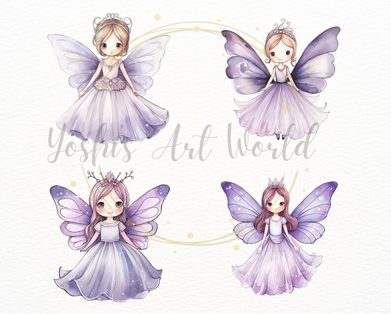 Watercolor Cute Purple Butterfly Fairy Princess PNG Bundle, Digital ...