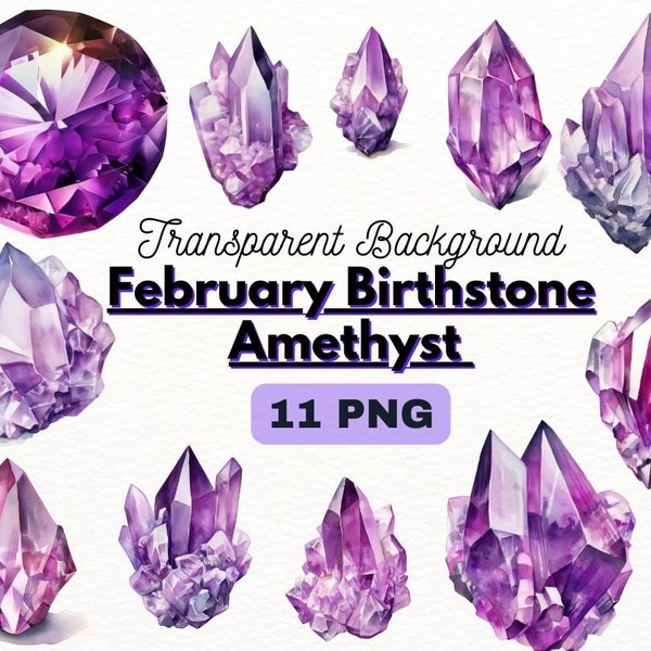 Watercolor February Birthstone Amethyst PNG Bundle, Digital Crafts Designs Transparent, Purple Crystal Clipart, Commercial Use