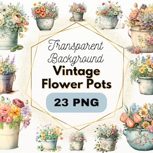 Vintage Flower Pots PNG Bundle, Digital Crafts Designs Transparent, Flower Clip art, Spring Floral Clipart, Commercial Use