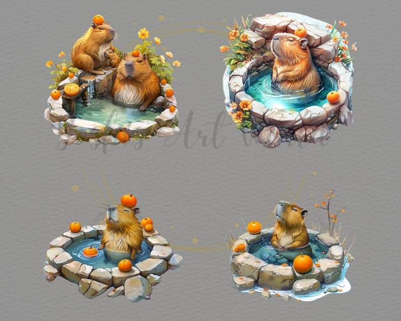 Watercolor Capybara Hot Spring PNG Bundle, Digital Crafts Designs ...