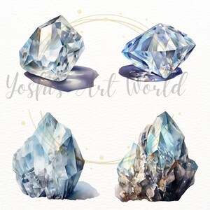 May include: Four watercolor paintings of blue crystals. The crystals are in different shapes and sizes. The paintings are on a white background.