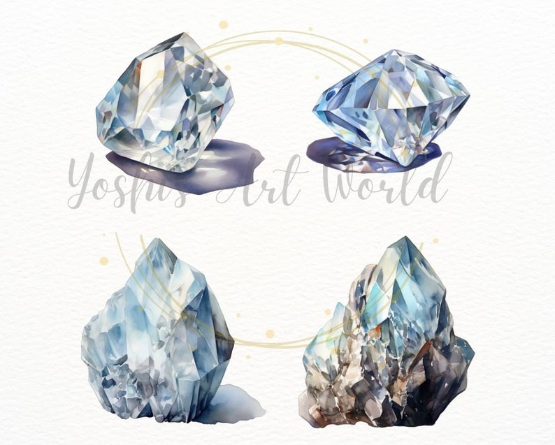 May include: Four watercolor paintings of blue crystals. The crystals are in different shapes and sizes. The paintings are on a white background.