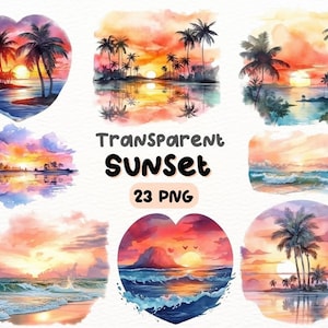 Watercolor Beach Sunset PNG Bundle, Digital Crafts Designs Transparent, Coastal Landscape Clipart, Ocean Sunset Clipart, Commercial Use