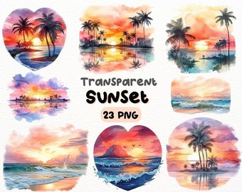 Watercolor Beach Sunset PNG Bundle, Digital Crafts Designs Transparent, Coastal Landscape Clipart, Ocean Sunset Clipart, Commercial Use