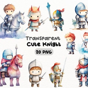 May include: A set of 20 watercolor illustrations of cute knights in various poses. The knights are wearing armor and holding swords, shields, and other weapons. Some are riding horses. The illustrations are perfect for adding a whimsical touch to your projects.