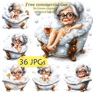 May include: A set of 36 digital illustrations featuring a cartoon grandma in a bathtub. The grandma is wearing a pearl necklace and has gray hair. The illustrations are in a cartoon style and are perfect for use in scrapbooking, card making, or other creative projects.