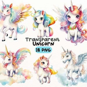 Watercolor Cute Rainbow Unicorn PNG Bundle, Digital Crafts Designs Transparent, Magical Unicorn Clipart, Fantasy Clipart, Commercial Use
