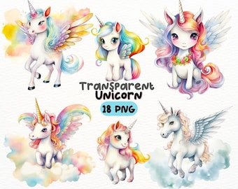 Watercolor Cute Rainbow Unicorn PNG Bundle, Digital Crafts Designs Transparent, Magical Unicorn Clipart, Fantasy Clipart, Commercial Use