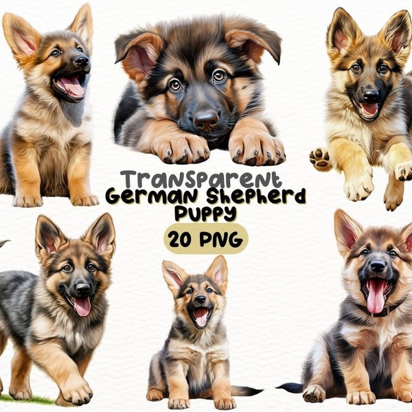 Watercolor German Shepherd Puppy PNG Bundle, Digital Crafts Designs Transparent, Baby Dog Clipart, Cute Puppy Clipart, Commercial Use