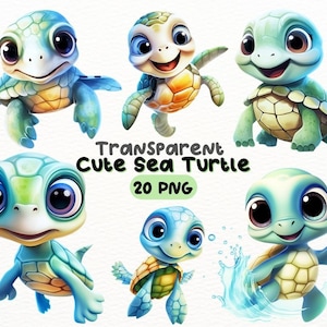 Pacote PNG de tartaruga marinha fofa em aquarela, designs de artesanato digital transparentes, clipart de tartaruga bebê, clipart de arte de berçário, uso comercial