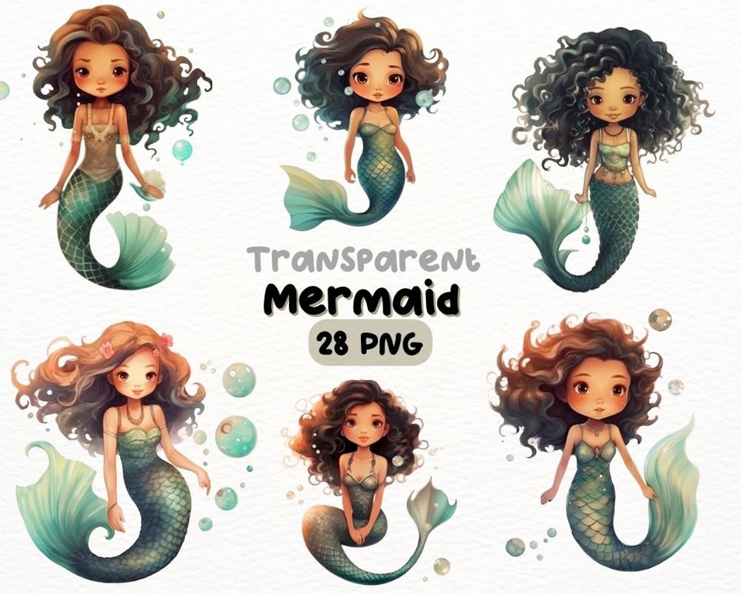 Watercolor Cute Black Mermaid PNG Bundle, Digital Crafts Designs ...