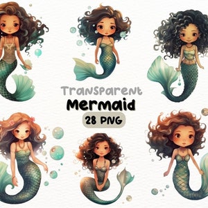 Watercolor Cute Black Mermaid PNG Bundle, Digital Crafts Designs Transparent, Mermaid Clipart, Cute Mermaid Clipart, Commercial Use