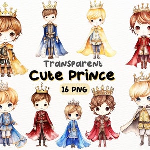 Watercolor Cute Prince PNG Bundle, Digital Crafts Designs Transparent, Prince Clipart, Fairy Tale Clipart, Commercial Use
