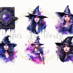 May include: Six digital illustrations of a witch with purple hair and a black pointed hat. The witch is surrounded by purple and pink watercolor splatters. One illustration features a closed book with a purple eye on the cover.