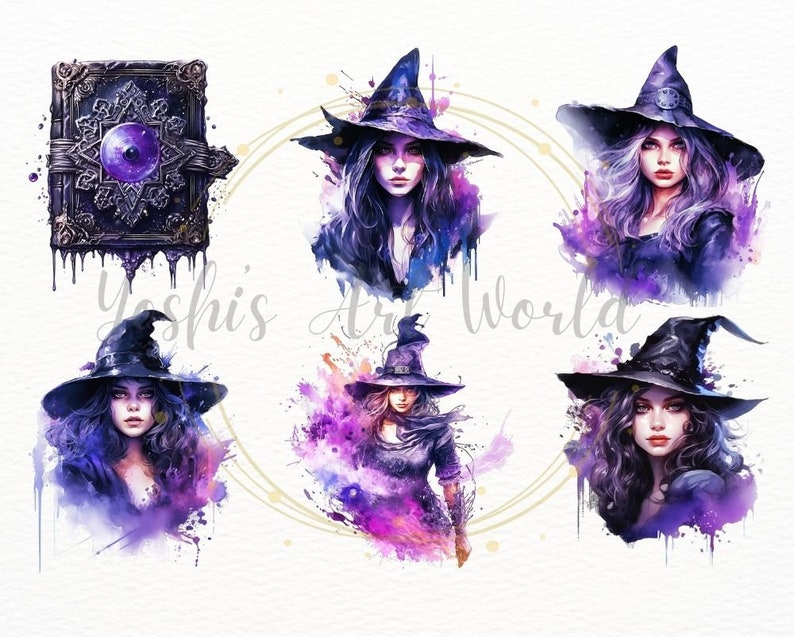 May include: Six digital illustrations of a witch with purple hair and a black pointed hat. The witch is surrounded by purple and pink watercolor splatters. One illustration features a closed book with a purple eye on the cover.