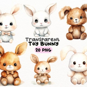 Pacote de PNG de coelho de brinquedo fofo aquarela, designs de artesanato digital transparentes, clipart de coelho adorável, clipart de berçário, uso comercial