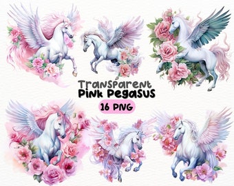 May include: A set of 16 digital illustrations of pink and white winged horses with pink flowers. The images are transparent PNG files.  Transparent Pink Pegasus 16 PNG.