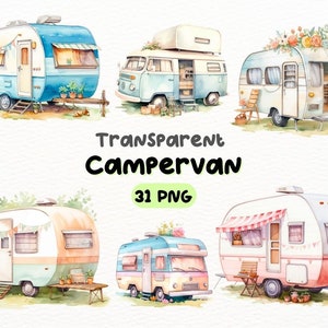 Watercolor Pastel Campervan PNG Bundle, Digital Crafts Designs Transparent, Retro Trailer Clipart, Cute Camping Clipart, Commercial Use
