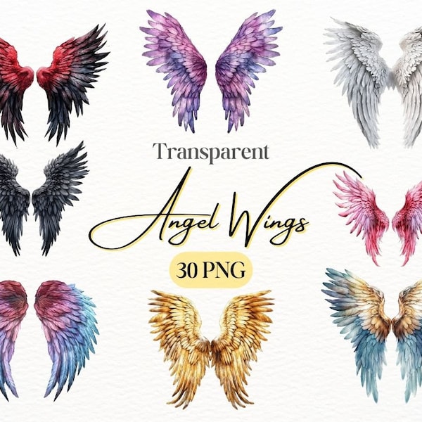 Watercolor Angel Wings PNG Bundle, Digital Crafts Designs Transparent, Angel Wings Clipart, Heavenly Wings Clipart, Commercial Use