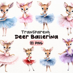 May include: A set of 7 watercolor illustrations of deer ballerinas wearing tutus in various colors, including pink, blue, purple, and red. The illustrations are on a white background and are perfect for digital scrapbooking, card making, and other craft projects.