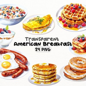 Watercolor American Breakfast PNG Bundle, Digital Crafts Designs Transparent, Breakfast Clipart, Commercial Use