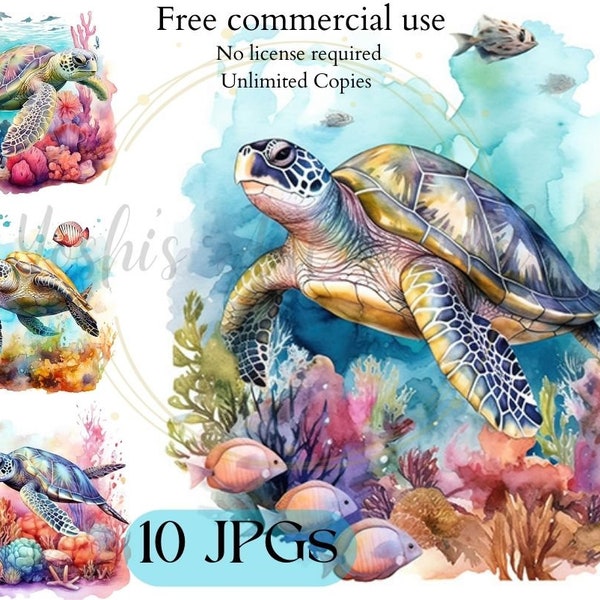 Sea Turtle Clipart - 10 High Quality JPGs - Scrapbooking, Crafts, Digital Design - Commercial Use - Digital Download
