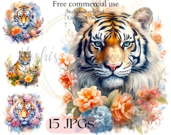Tiger and Flower Clipart - Floral Tiger - Card Making, Mixed Media, Digital Paper Craft - Uso commerciale - Download digitale