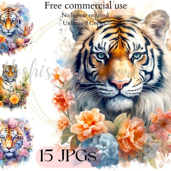 Tiger and Flower Clipart - Floral Tiger - Card Making, Mixed Media, Digital Paper Craft - Commercial Use - Digital Download