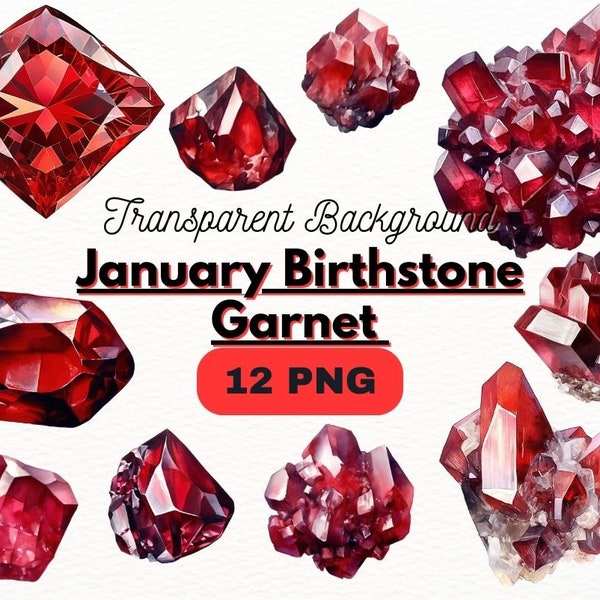 Watercolor January Birthstone Garnet PNG Bundle, Digital Crafts Designs Transparent, Crystals Clipart, Red Crystal Clipart, Commercial Use