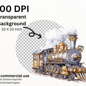 May include: A vintage-style steam locomotive with gold accents and smoke billowing from the chimney. The locomotive is detailed with realistic features, including wheels, a bell, and a whistle. The image has a transparent background.