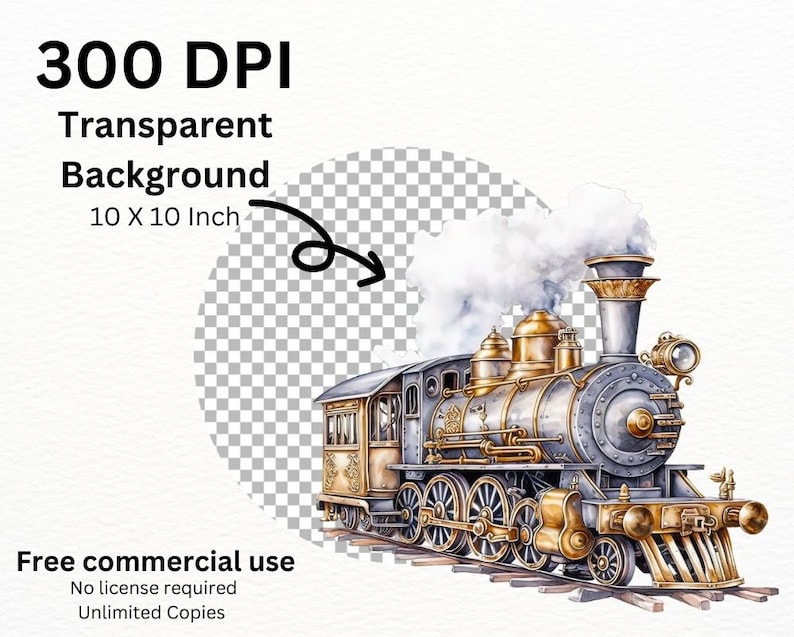 May include: A vintage-style steam locomotive with gold accents and smoke billowing from the chimney. The locomotive is detailed with realistic features, including wheels, a bell, and a whistle. The image has a transparent background.