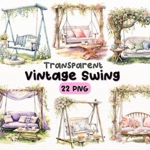Watercolor Vintage Swing PNG Bundle, Digital Crafts Designs Transparent, Vintage Swing Clipart, Garden Swing Clipart, Commercial Use