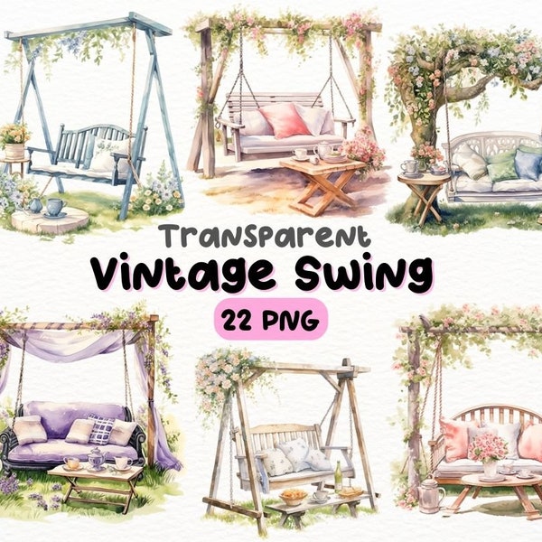 Watercolor Vintage Swing PNG Bundle, Digital Crafts Designs Transparent, Vintage Swing Clipart, Garden Swing Clipart, Commercial Use