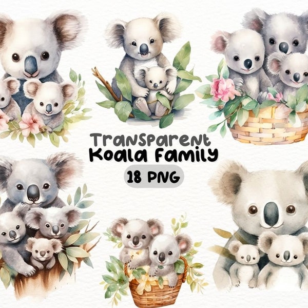 Cute Koala Family Watercolor  PNG Bundle, Digital Crafts Designs Transparent, Mama Koala Clipart, Koala Eucalyptus Clipart, Commercial Use