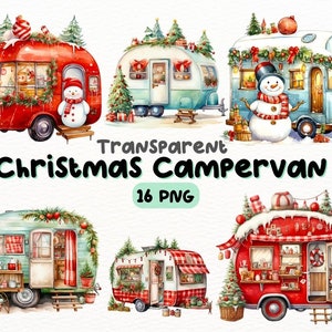 Pacote PNG de campervan de Natal em aquarela, designs de artesanato digital transparentes, clipart de campista de férias, aventura de inverno, uso comercial
