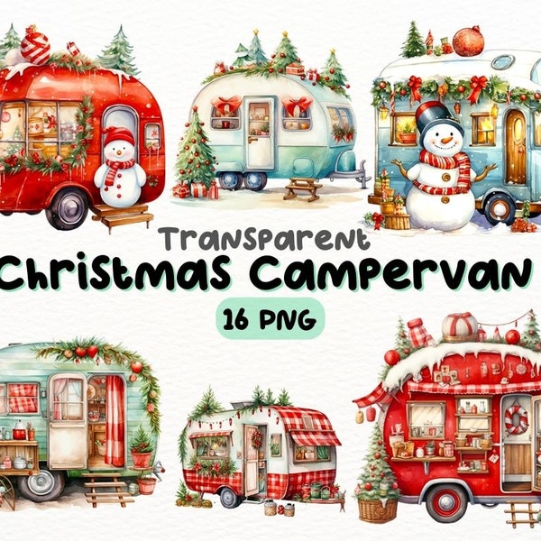 Watercolor Christmas Campervan PNG Bundle, Digital Crafts Designs Transparent, Holiday Camper Clipart, Winter Adventure, Commercial Use