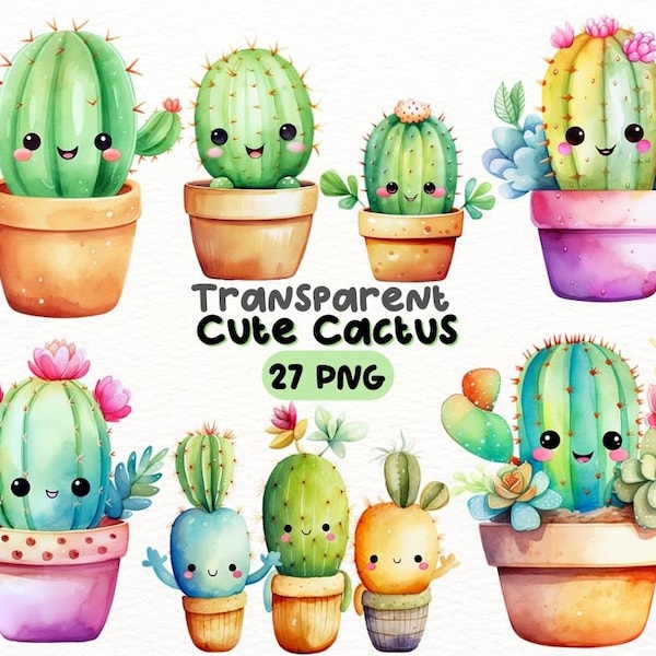 Watercolor Cute Cactus PNG Bundle, Digital Crafts Designs Transparent, Happy Cactus Clipart, Cactus with Friends Clipart, Commercial Use