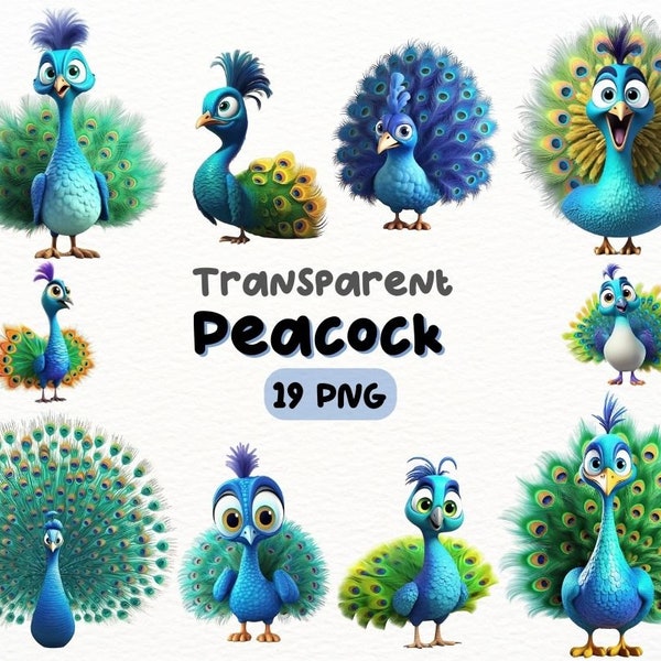 Süßes Pfau PNG Bundle, digitale Basteldesigns transparent, Pfau Clipart, bunte Vogel Clipart, kommerzielle Nutzung